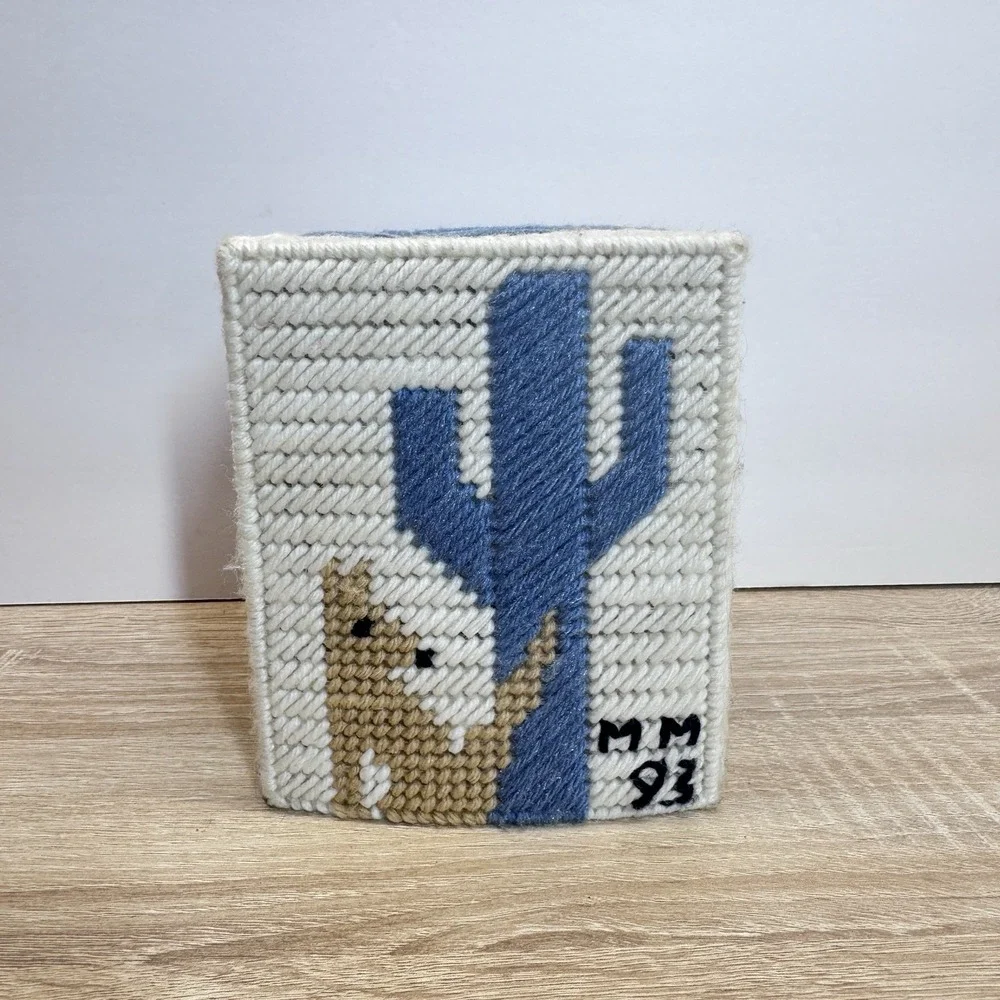 Vintage Cross Stitch Tissue Box Cover Square Vertical Coyote & Saguaro Southwest
